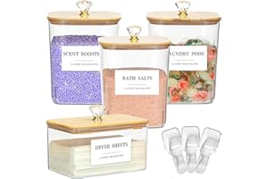 DOUNOZZI 4 Pack Clear Laundry Pods Container & Dryer Sheet Holder Set with Lid, Laundry Containers with Scoops & Labels, Laundry Room Organization and Storage for Laundry Detergent, Pods, Powder, Beads