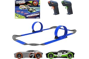Tracer Racers Remote Control Cordless Glow in The Dark High-Speed Super Loop Speedway Track Set with Two Cars for Dual Racing, Glow Blue