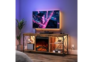 HOOBRO Fireplace TV Stand with Charging Station and LED Lights, TV Stand with Fireplace for TVs up to 65", Entertainment Center with Fireplace, Glass Shelves, Rustic Brown and Black BF140UDDS01