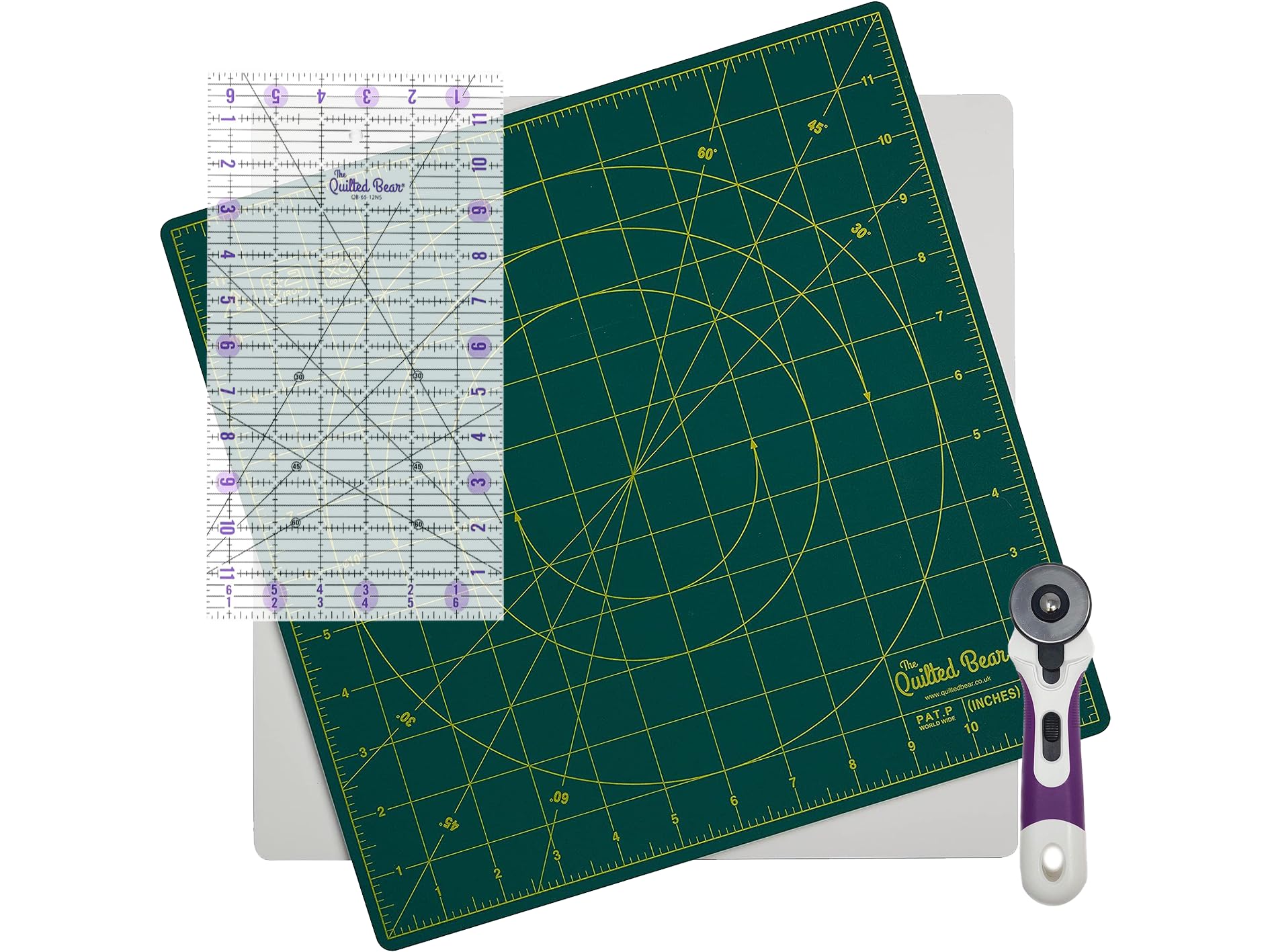 The Quilted Bear 12" x 12" Self-Healing Rotating Cutting Mat with 6.5" x 12" Non-Slip Quilting & Sewing Ruler & 45mm Ergonomic Soft Grip Rotary Cutter - Green