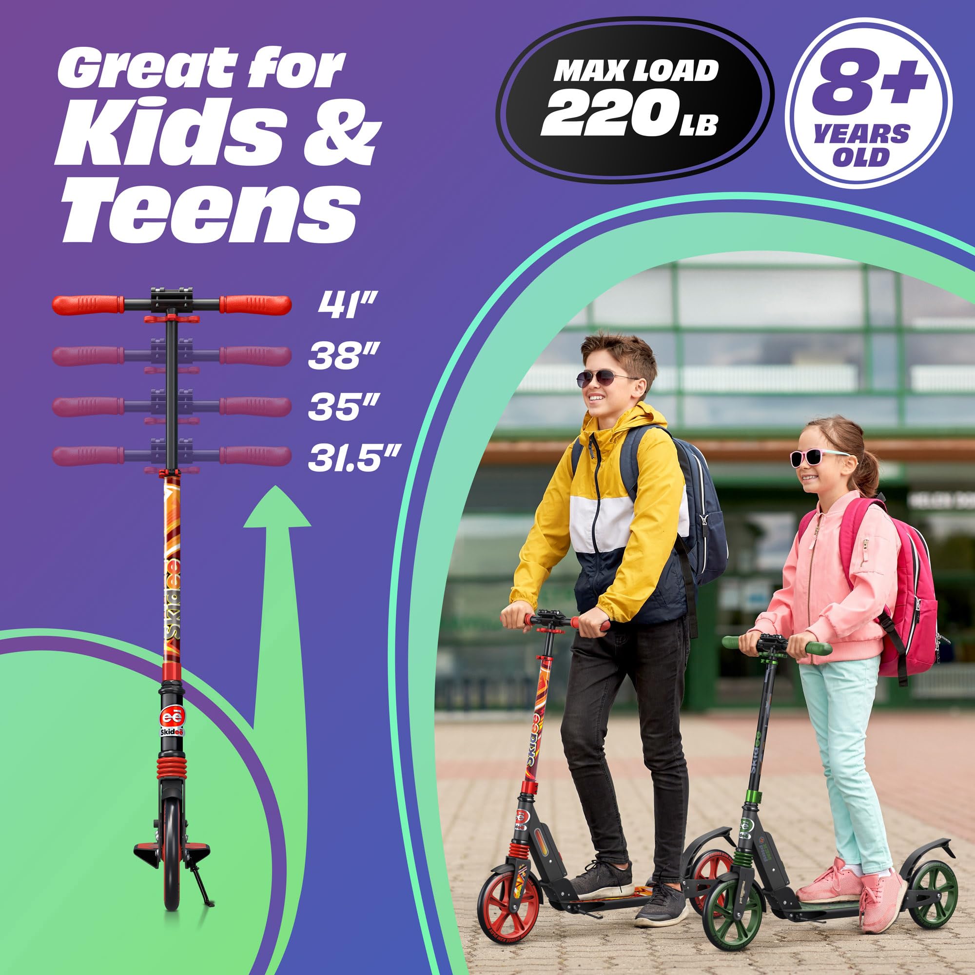 Skidee Adult & Teen Scooter Adjustable Height, Folding, Large Wheels, Lightweight, Durable, Anti-Shock Suspension, Up to 220 lbs