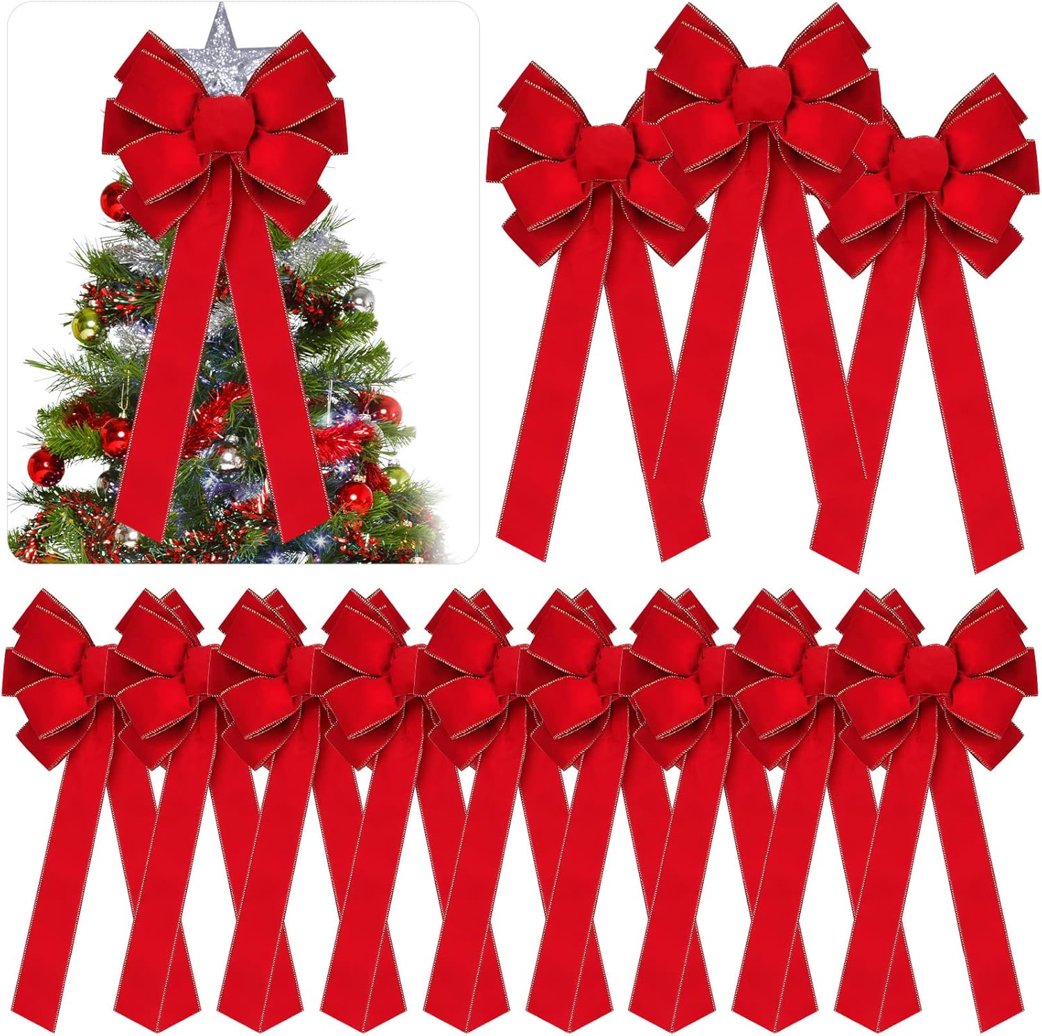 Bows & Ribbons - Yinkin 15'' x 44'' Extra Large Christmas Bow Bulk Ribbon Velvet Wreath Bows with Gold Edge Christmas Handmade Tree Topper Ornament for Gift Wrapping, Xmas Outdoor Indoor Home Decor (Red, 12 Pcs)