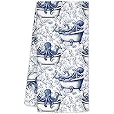 YTRGI Coastal Octopus Beach Decor Bathroom Hand Towels, Octopus Gifts for Women Men,Blue and White Coastal Nautical Dish Tea Hand Towels Decor for Bathroom Kitchen, 16x24 Inch