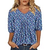 Magritta Womens Puff Half Sleeve Summer Tunic Tops Casual Chest Pleated Shirts Work Blouse for Women Dressy