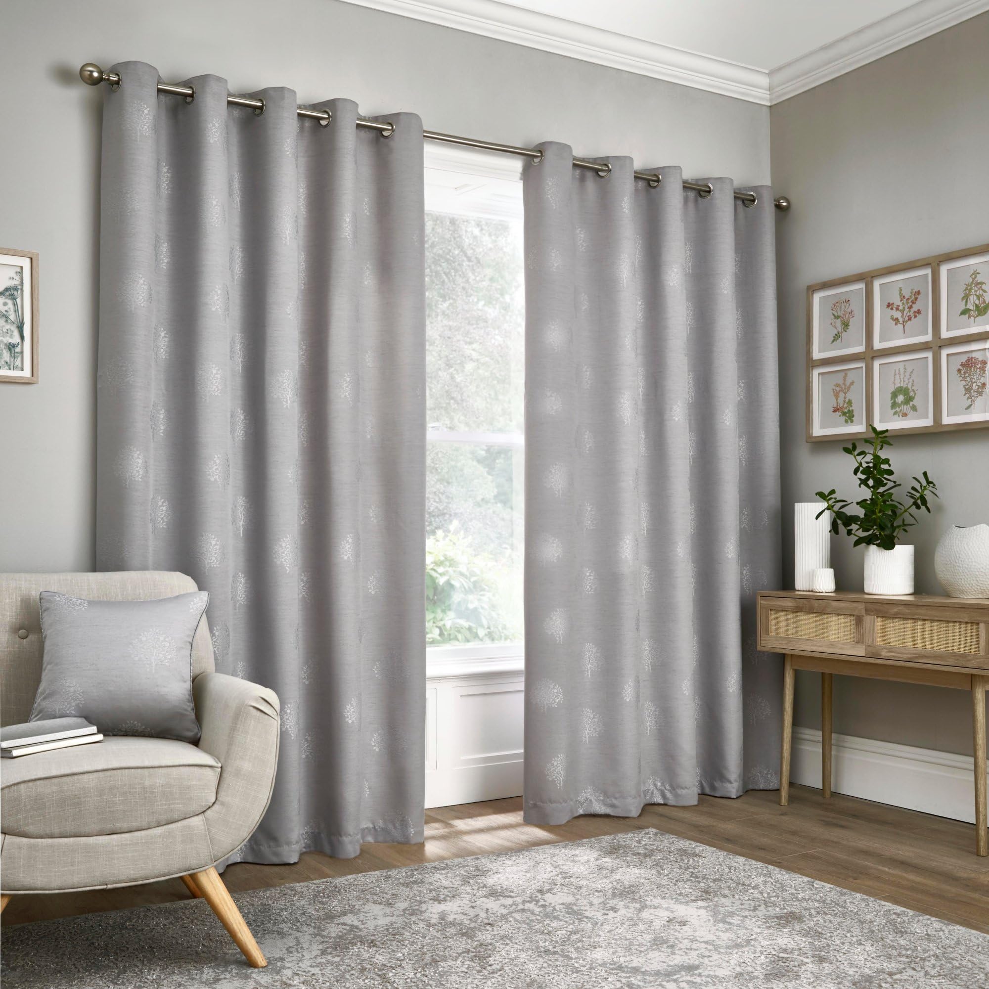 Appletree - Silver Tree Motif Curtains W46 x L54 (117 x 137cm) - 2 Panels - Lined - Tree Print Curtains in Silver - Silver Eyelet Curtains - Luxury Curtains and Drapes for Living Room & Bedroom