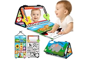 ABOOSAM Baby Toys 0-6 Months - Tummy Time Toy Black and White High Contrast Newborn Toys - Baby Mirror with Cloth Book Teether - Montessori Sensory Crinkle Toy for Infant 0-3-6-12 Month Boy Girl Shower Gifts