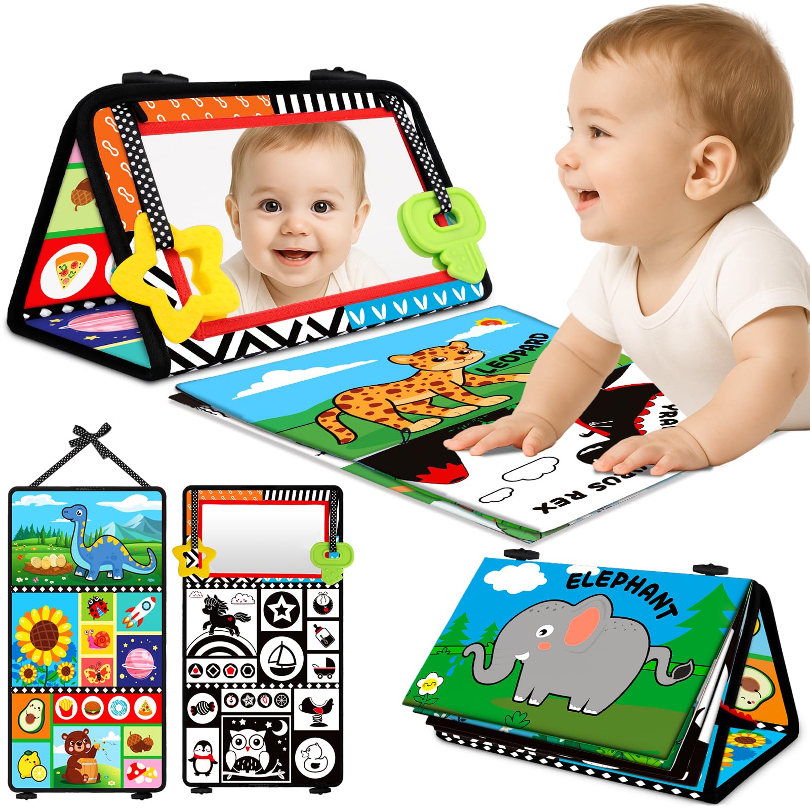 Baby Toys 0-6 Months - Tummy Time Toy Black and White High Contrast Newborn Toys - Baby Mirror with Cloth Book Teether - Montessori Sensory Crinkle Toy for Infant 0-3-6-12 Month Boy Girl Shower Gifts