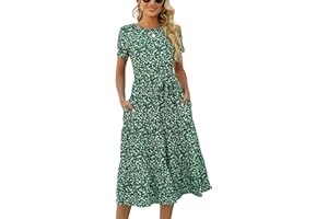 Lyrur Women's Dresses Casual Summer Tiered Midi Dress Short Sleeve Belted Ruffle Babydoll Boho Sundress with Pockets
