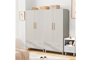 MXTXMY Armoire Wardrobe Closet Set of 2,Modern Wooden Clothes Storage Cabinet with 2 Fluted Doors,With Hanging Rod and Shelf Storage,Wardrobe Cabinet with 3 Drawers,Freestanding Closet for Bedroom White-2