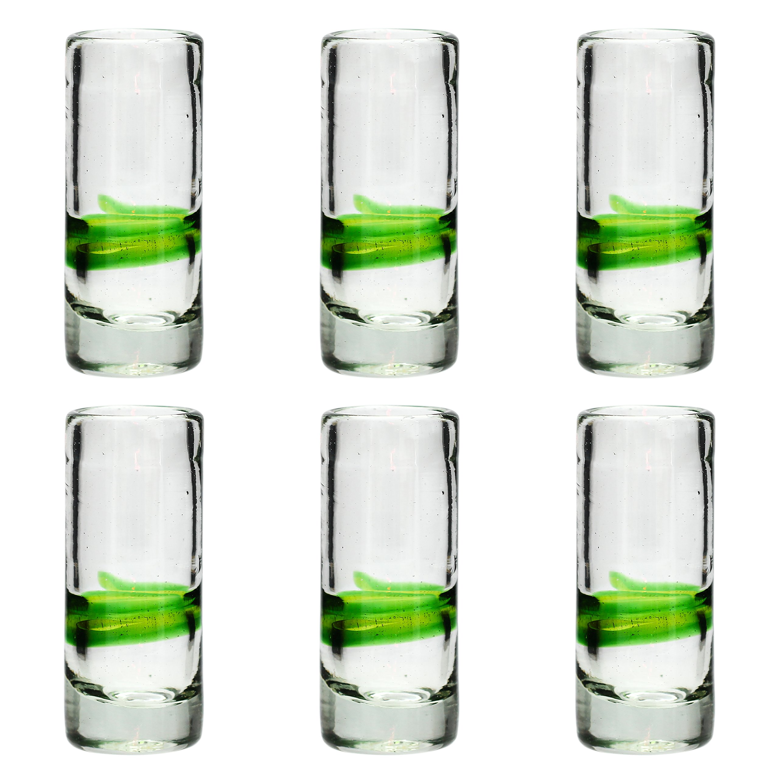 Tumia LAC Shot or Tequila Glass, Blended Green Set of 6, Hand Blown from Recycled Glass - fair Trade and Handmade in Mexico