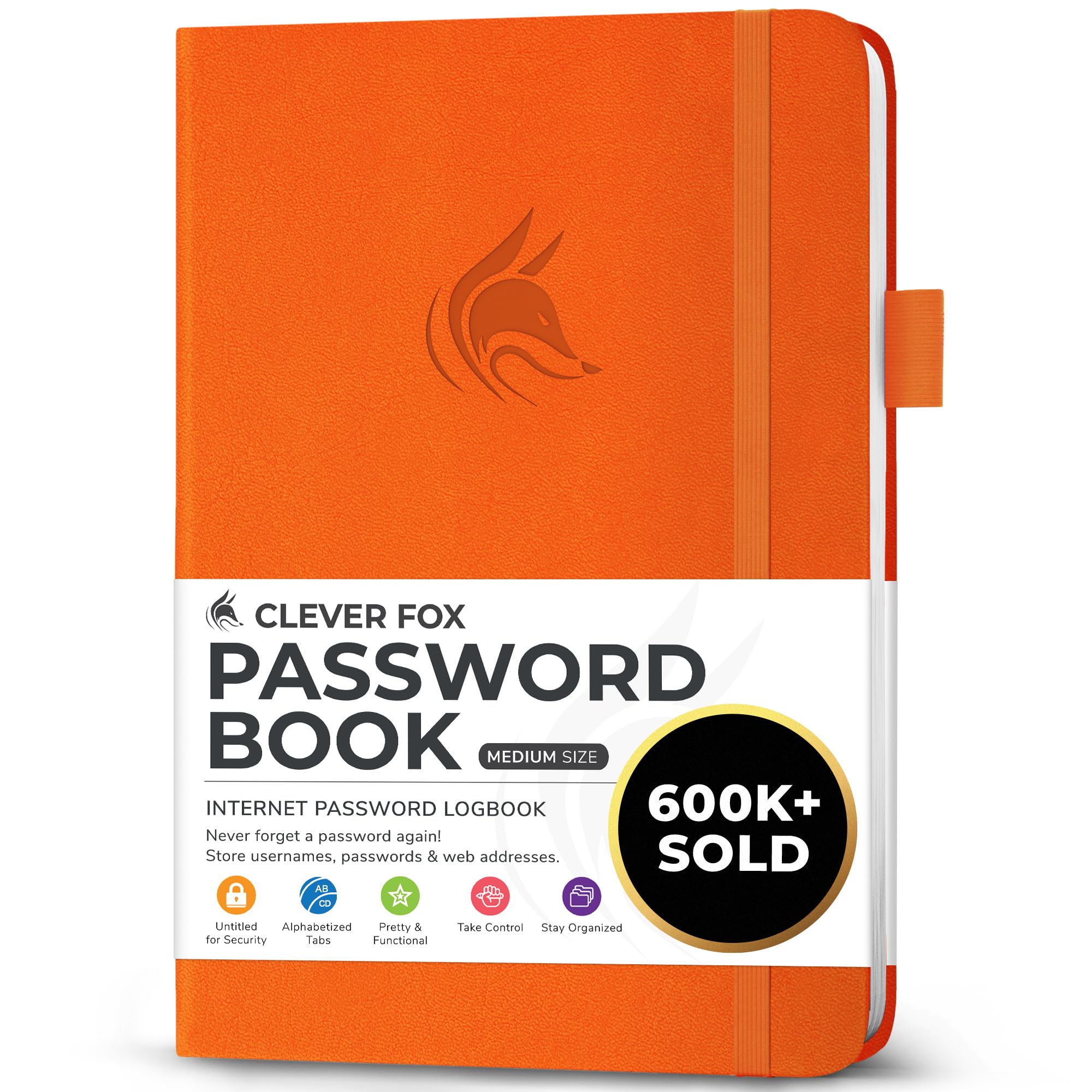 Clever Fox Password Book with alphabetical tabs. Internet Address Organizer Logbook. Medium Password Keeper for Website Logins (Orange)