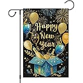 Heyfibro Happy New Year Garden Flag 12x18 Inch Double Sided Burlap Firework Gilded Balloon Champagne Celebration Banner for Christmas Winter Holiday Party Yard Outdoor Decoration(ONLY FLAG)