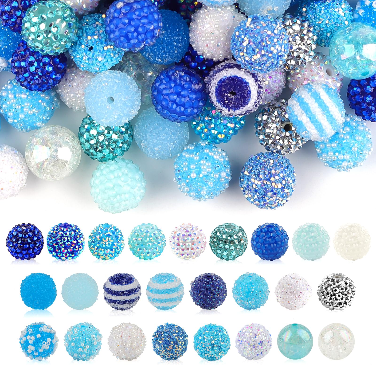 Photo 1 of 100PCS Winter Rhinestone Beads, Kalolary 20mm Round Bubblegum Beads Blue White Chunky Beads Winter Acrylic Beads for Beadable Keychain Pen Xmas Pave Disco Ball Bead for Holiday Jewelry Making