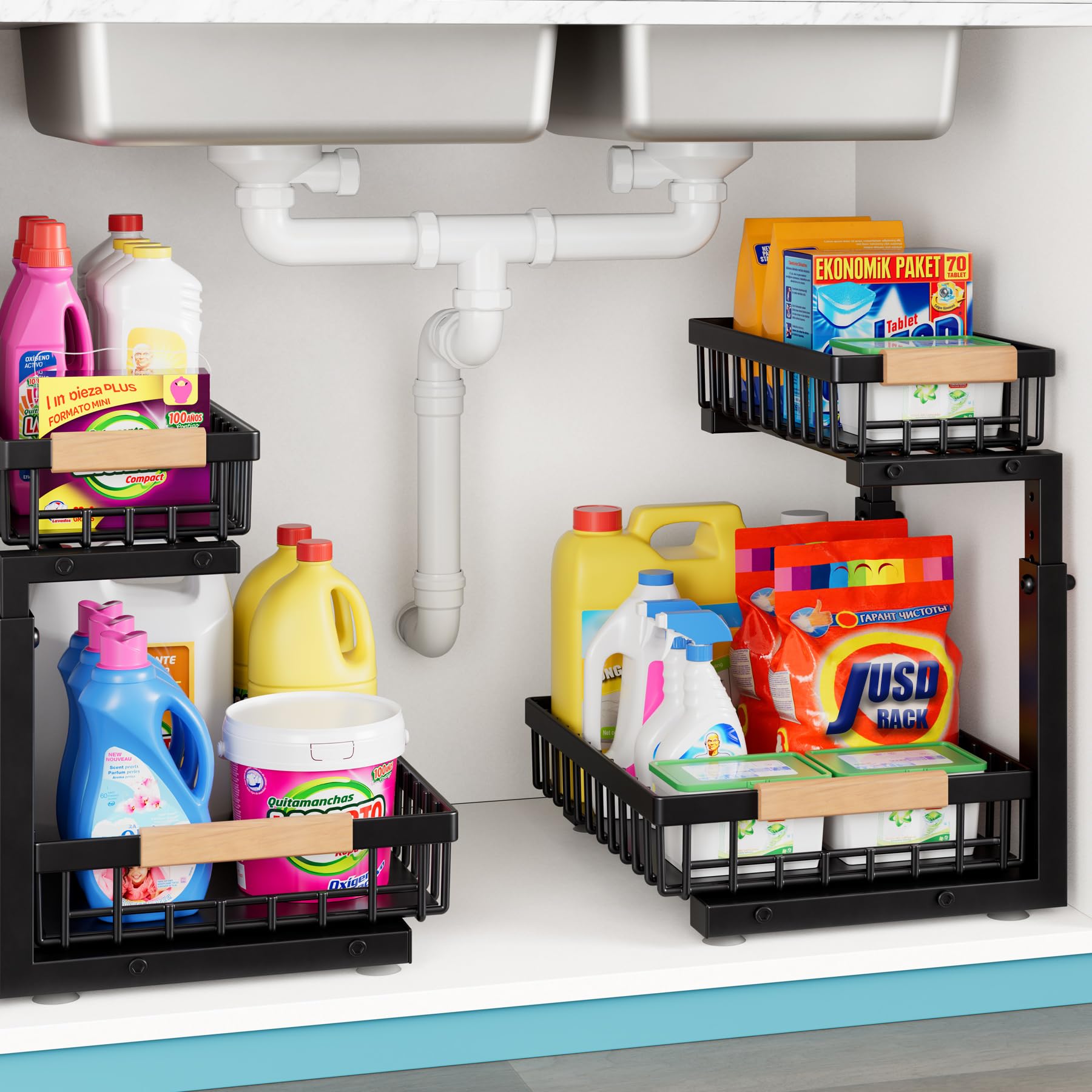 Photo 1 of Under Sink Organizers and Storage,2 Packs 2 Tier Sliding Pull Out Cabinet Storage Shelf, Metal Drawer for Kitchen Bathroom Cabinet, Under Sink Organizer Organization Rack, Rust-Resistant Black