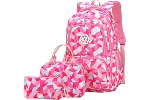JiaYou Girl Geometric Printed Primary Junior High University School Bag Bookbag 3pcs Backpack Sets(2# Rose-3pcs,35 L)