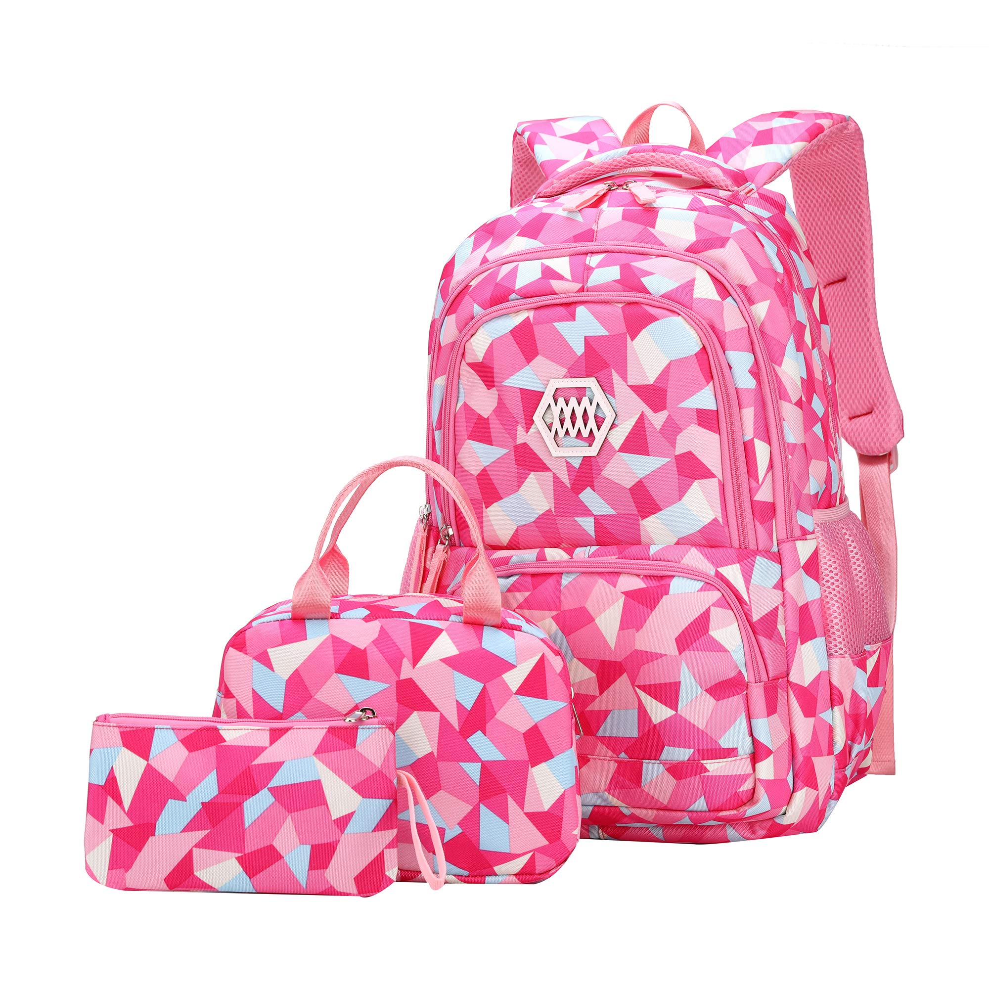 SellerFun Girl Geometric Printed Primary Junior High University School Bag Bookbag 3pcs Backpack Sets(2# Rose-3pcs,35L)