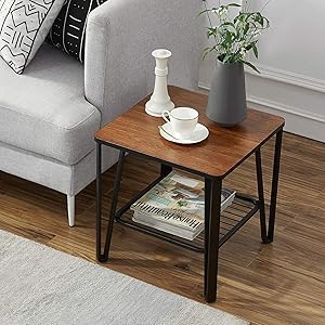 VECELO Industrial End/Side/Sofa Table, Night Stand with Metal Storage Shelf Living Room Furniture, Easy Assembly, Brown