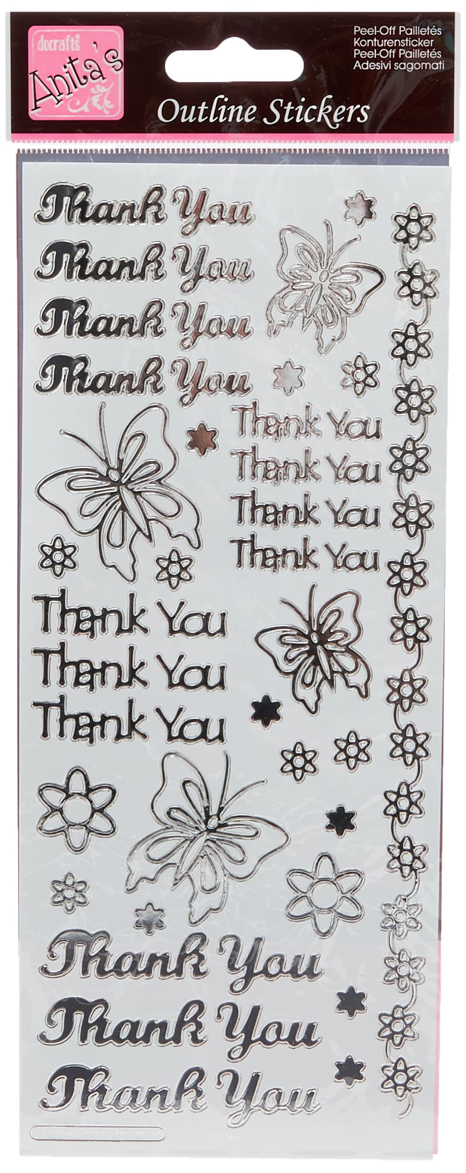 Anitas Outline Stickers, Thankyou, Silver on White, For Scrapbooking, Card Making, Kids Play, Homework, Art, Craft, Embelish, Decorative, Paper, Card, Glass, Metal, Plastic, Foam