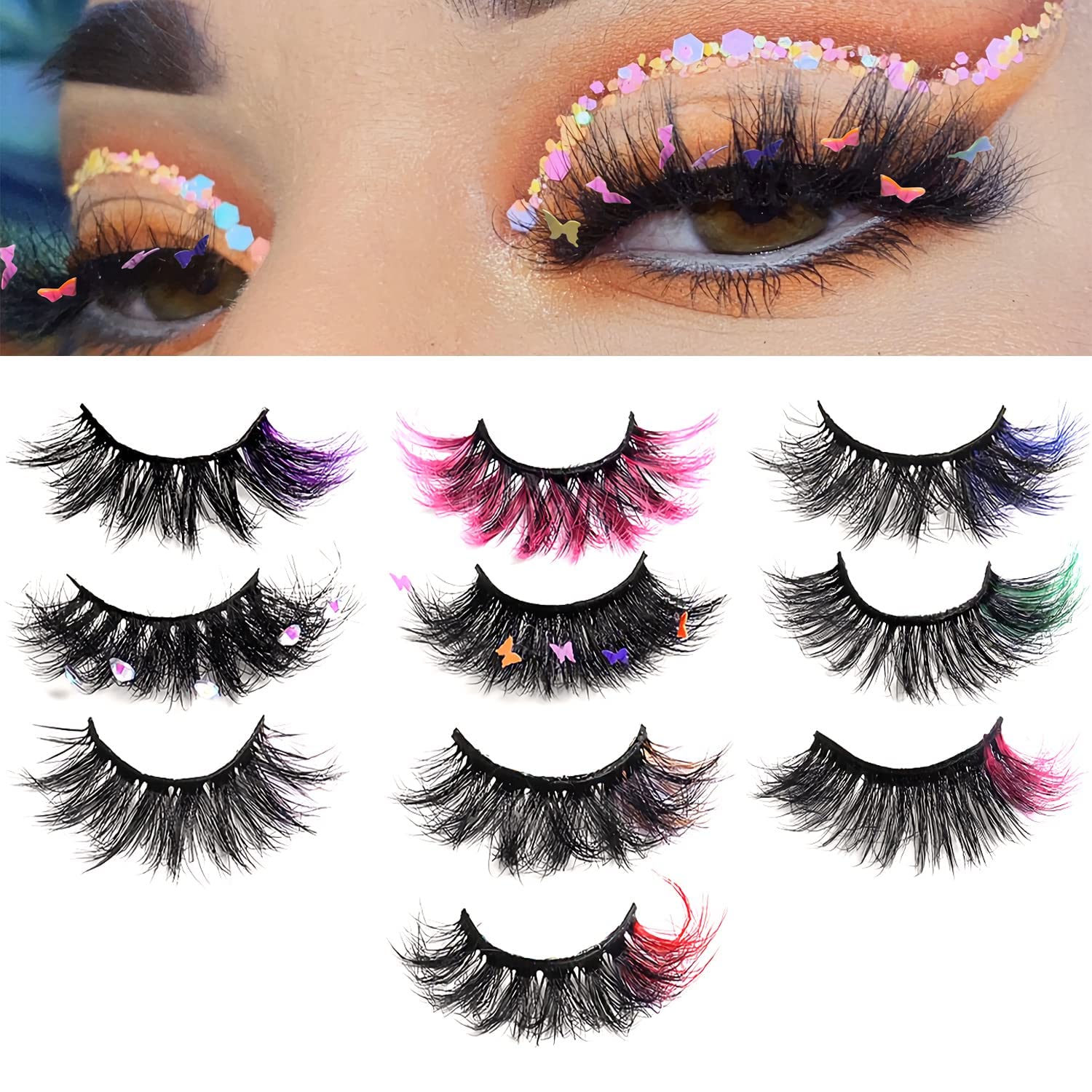 Lashes with Color on End Set, 6D Long Fluffy Faux Mink False Eyelashes with Rhinestone, Dramatic Butterfly Lashes Halloween Cosplay Masquerade Party Daily Eye Makeup Tools (Mix Colored 10 Pairs)