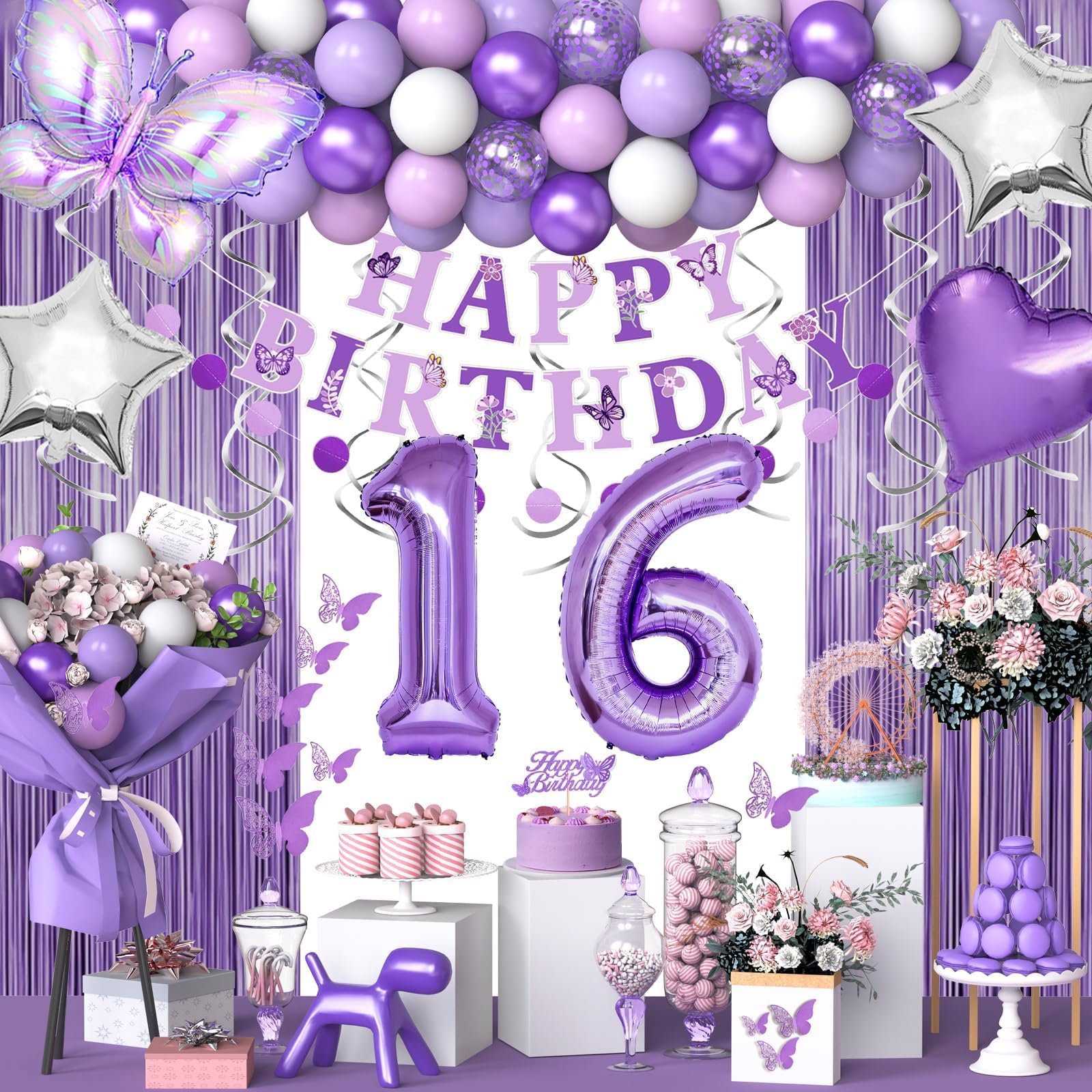 Photo 1 of 16th Purple Birthday Decorations for Girls, Purple Pink 16th Birthday Decorations Butterfly Theme Lavender Party Decor Set with Number Balloons, Banner, Sash, Butterfly Stickers