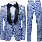 Tuxedo Suits for Men 3 Piece Regular Fit Suit Floral Pattern Blazer Jacket Waistcoat Pants Men Suit Set for Wedding
