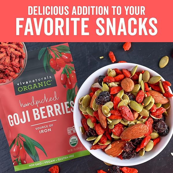 VIVA NATURALS ORGANIC DRIED GOJI BERRIES, 1 LB (454 G) – NON-GMO, VEGAN WOLFBERRIES, PERFECT FOR GOJI BERRY TEA, SMOOTHIES, BAKING & SNACKING