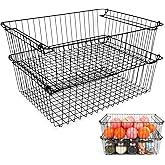 Set of 2 Stackable XXL Wire Baskets For Pantry Storage and Organization -16x12in Large Metal Food Baskets -Vegetable,Fruit,Potato,Onio, Pantry Storage Bins With Handles (Black, XXL)