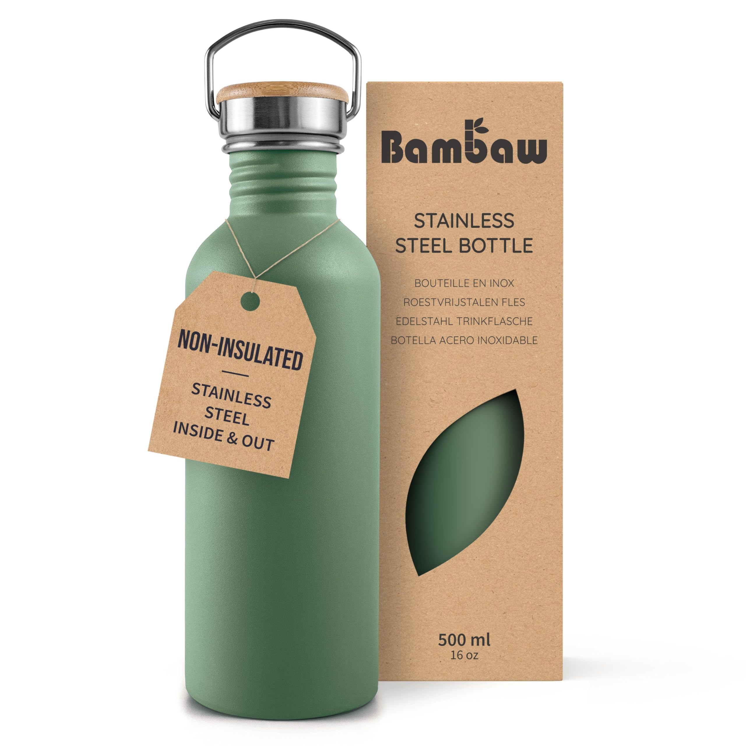 Bambaw Stainless Steel Water Bottle 500ml - Non-Insulated, Leakproof, BPA Free, Metal Bottle - Sage Green