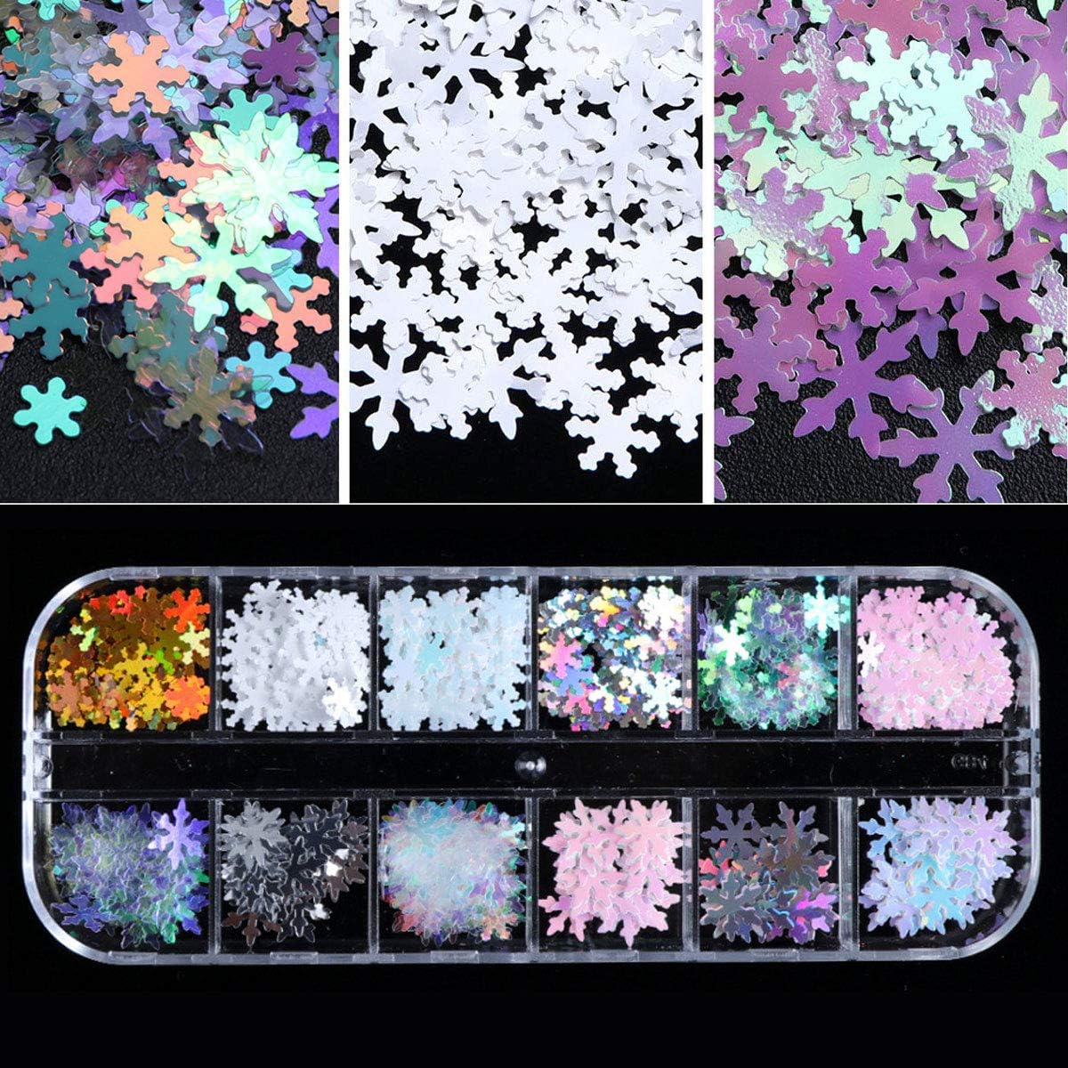 VOLODIA 12 Grids Nail Glitter Snowflake Snow Christmas DIY Flakes Paillette Manicure Slice Nail Art Decor Sets