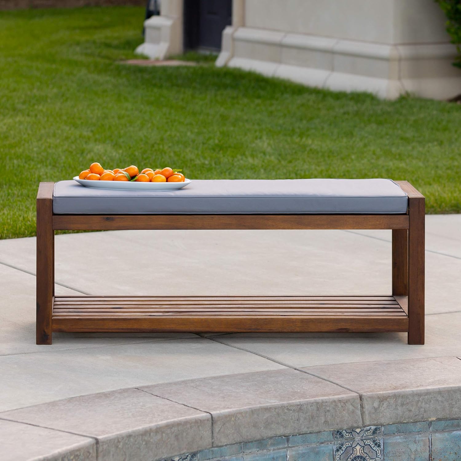 Walker Edison Willmington Solid Acacia Wood Slatted Outdoor Bench with Cushion, 48 Inch, Dark Brown and Grey : Garden & Outdoor