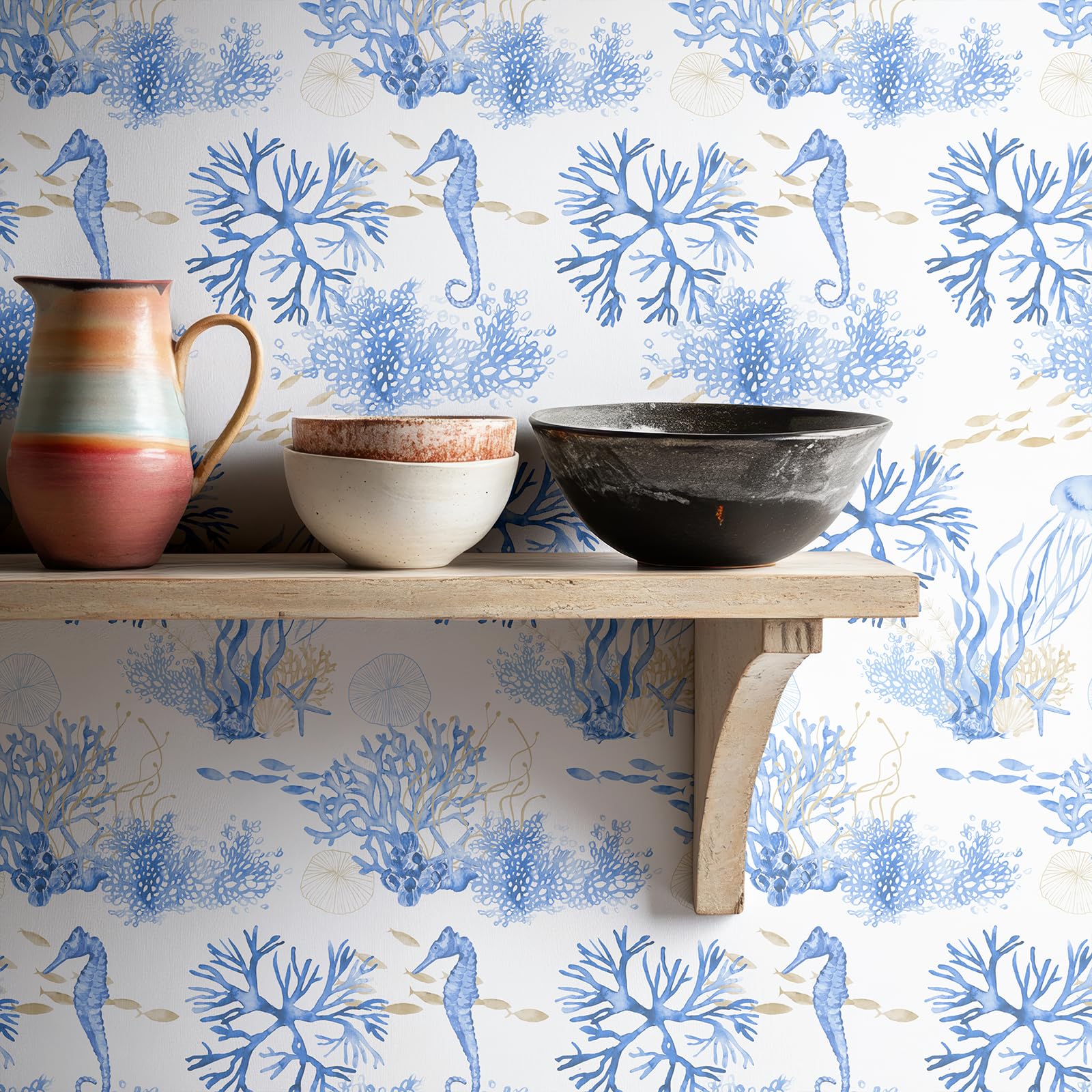 Photo 1 of RUSPEPA Peel and Stick Wallpaper, Blue Ocean Theme with Coral Reef and Marine Life Design, Coastal Self-Adhesive Waterproof Contact Paper for Cabinet, Bathroom, Bedroom Decor, 17.3 Inch x 6.5 Feet