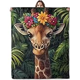 Lugiu Floral Giraffe Blanket, Lightweight Comfy Cute Giraffes with Flower Crown Blankets for Couch Sofa Bedroom, Soft Plush Travel Flannel Throw Blanket Gifts for Women Adults Kids, Home Decor 60×50in