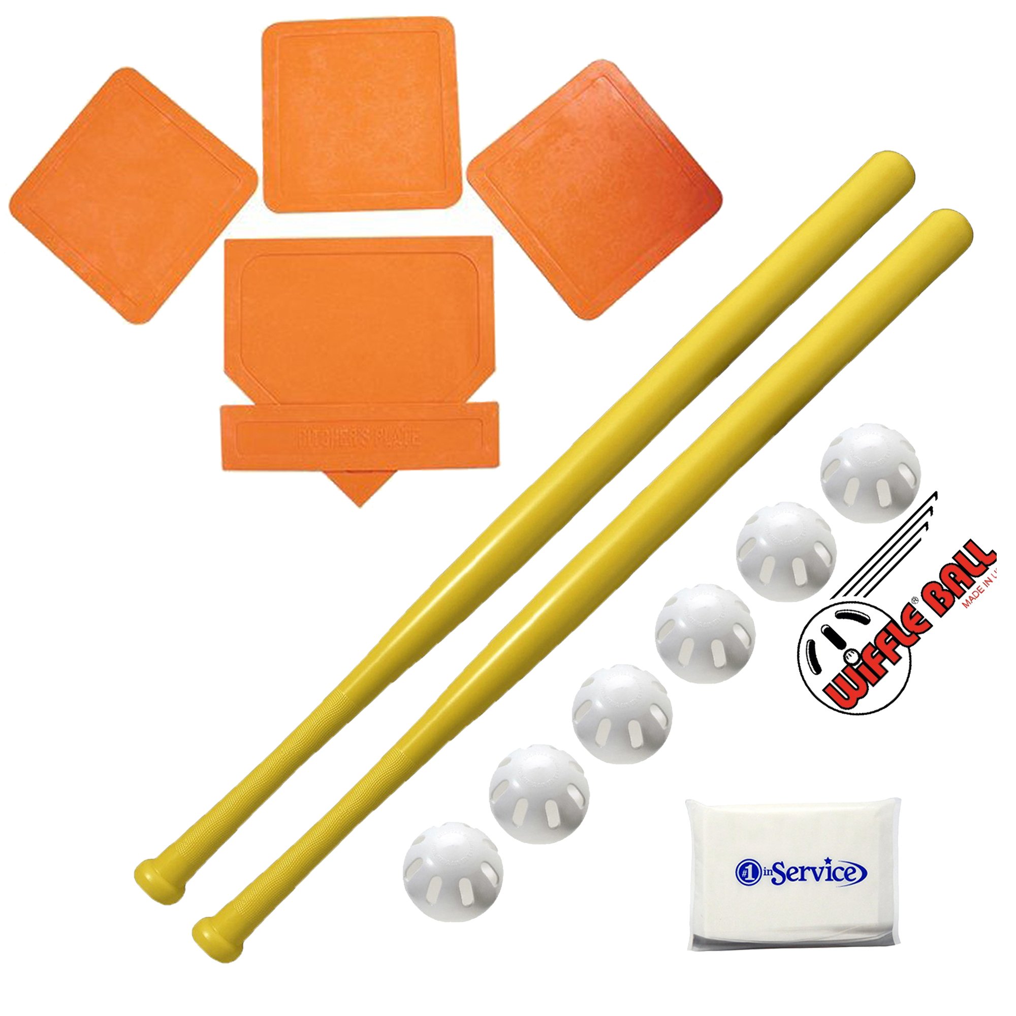 Wiffle Ball 6 Baseballs Official Size - 6 Pack and Wiffle Ball 32" Bats 2 Pack, BSN Orange Throw Down Bases (5 Piece), Gift Set Bundle + Bonus NOIS Tissue Pack(incomplete)