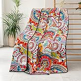 Qucover Cotton Quilted Throw Blanket, Soft Boho Quilt 59"x79", Bright Colorful Red, Orange, Pink and Blue Reversible Paisley Lightweight Quilts for Couch Sofa Beds