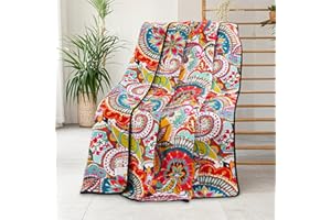 Qucover Cotton Quilted Throw Blanket, Soft Boho Quilt 59"x79", Bright Colorful Red, Orange, Pink and Blue Reversible Paisley Lightweight Quilts for Couch Sofa Beds