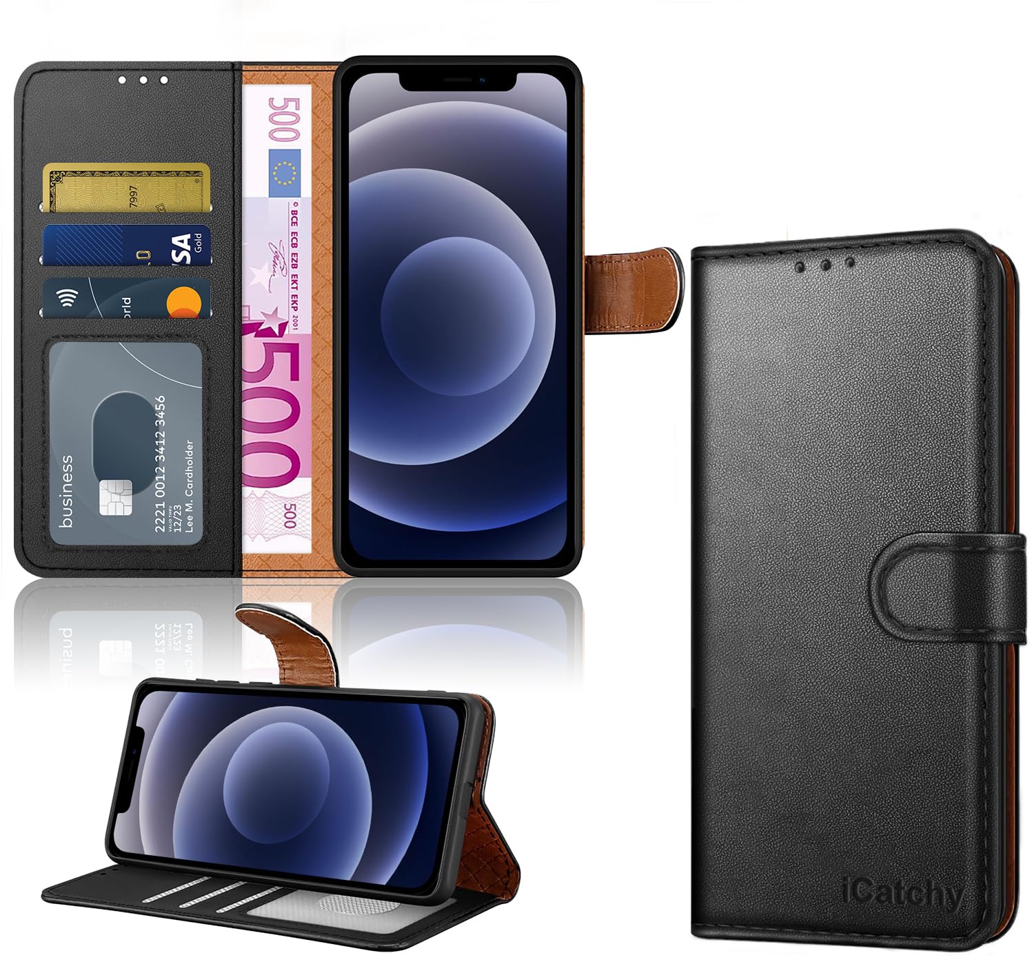 iCatchy for iPhone 12 Case/iPhone 12 Pro case Leather Wallet Book Flip Folio Stand View Case Compatible with iPhone 12 / iPhone 12 Pro (6.1'') Phone Cover (Black)