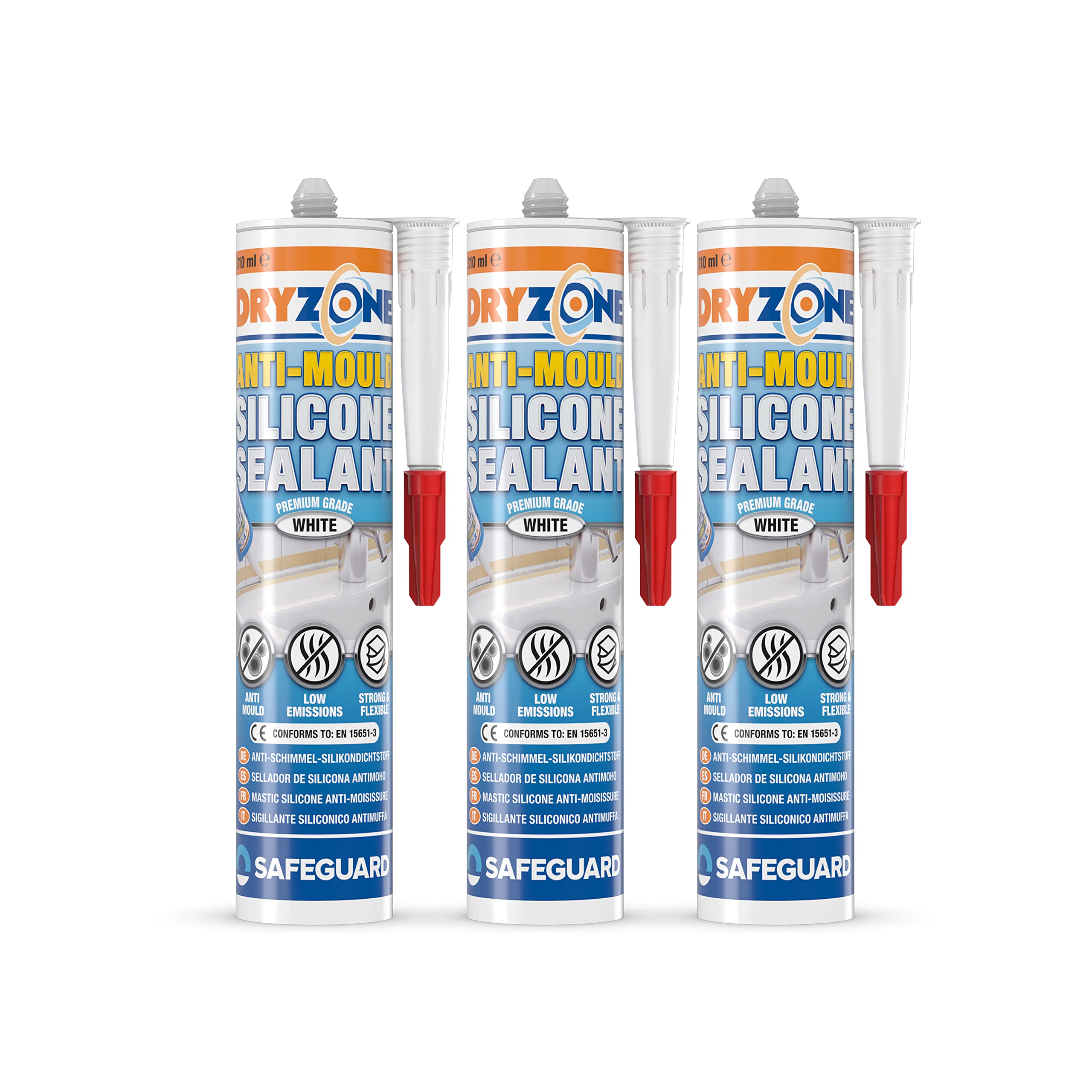 Dryzone Anti-Mould Premium Silicone Sealant (310 ml White) Waterproof Low-Odour, Low VOC Sealant for Bathroom and Kitchen (Pack of 3)