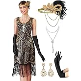RRYIO 1920s Flapper Dresses for Women,Sheer Beaded Sleeves Great Gatsby Dresses Roaring 20s Costumes with Accessories