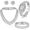 Sasylvia 5 Pcs Hip Hop Jewelry Set with Cuban Link Chain Necklace Bracelet Bling Crystal Diamond Watch Rhinestone Earrings
