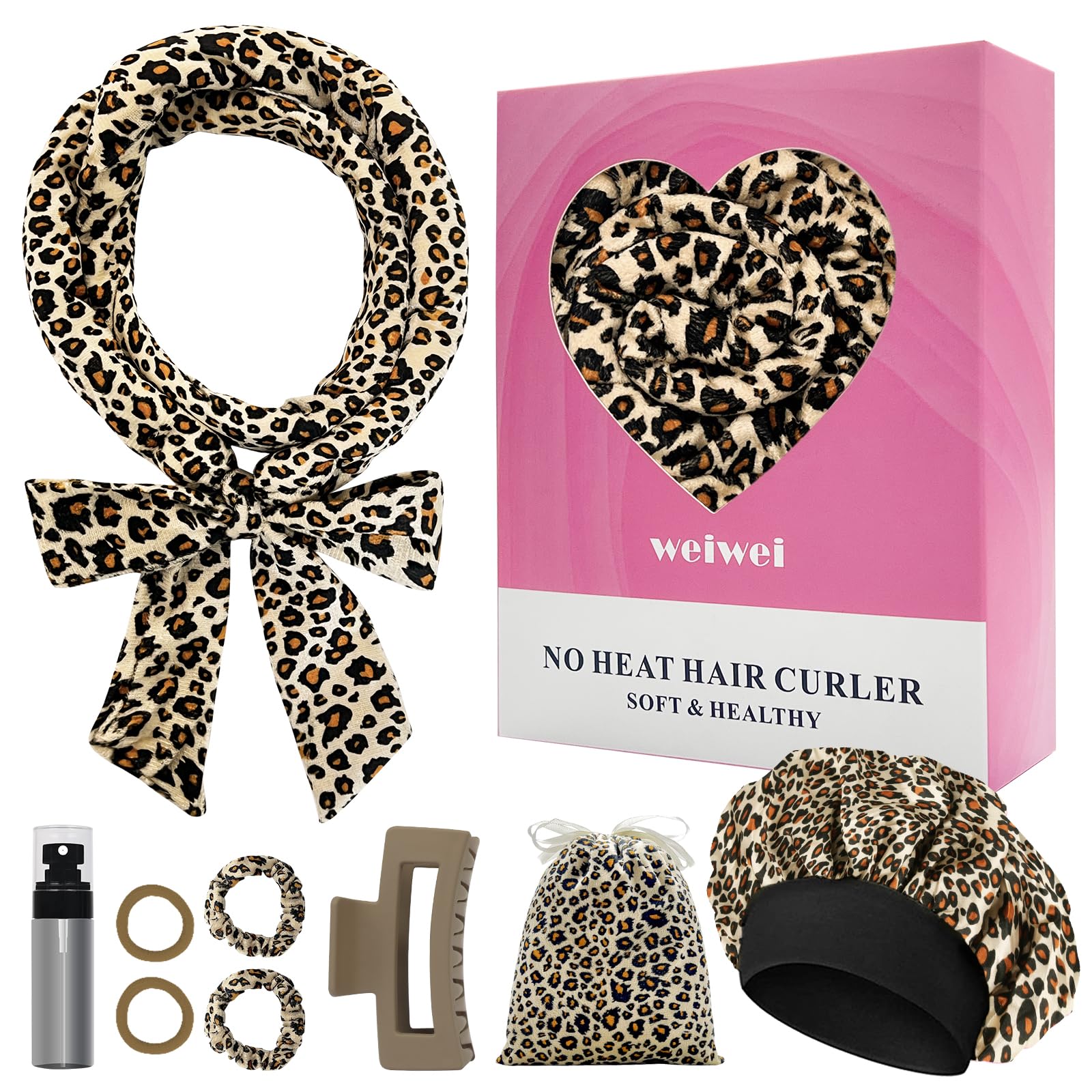 weiwei Heatless Curlers Headband, Heatless Overnight Curls Hair Curlers No Heat, 70" Soft No Heat Hair Curlers, 9 PCS Curling Rods Gift Set for Women Long Wave Hair Volume -Leopard Print