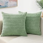 decorUhome Sage Green Neutral Decorative Fall Throw Pillow Covers 16x16 Inch Set of 2, Boho Soft Corduroy Striped Square Pillow Covers Modern Twill Pillow Covers for Couch Bed Sofa Living Room