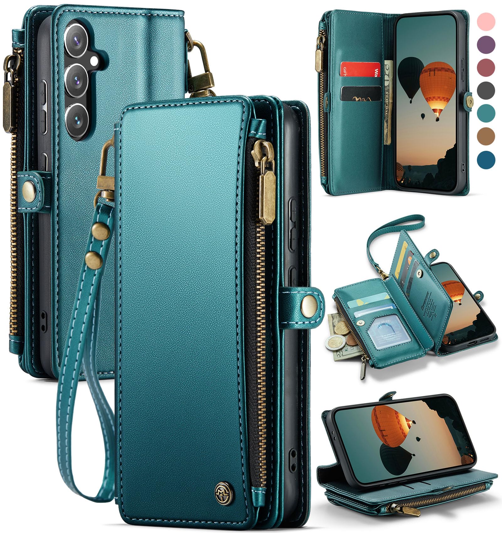 Photo 1 of Defencase Compatible with Samsung Galaxy S24 Case Wallet with RFID Blocking Card Holder for Women Men, PU Leather Magnetic Snap Flip Zipper Strap Wallet Phone Case Fit for Galaxy S24 5G 6.2", Green
