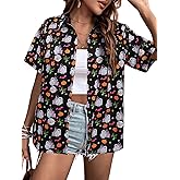 Womens Halloween Hawaiian Shirt Cute Pumpkin Spooky Castle Graphic Tee Magical Halloween Short Sleeve Button Up Tops