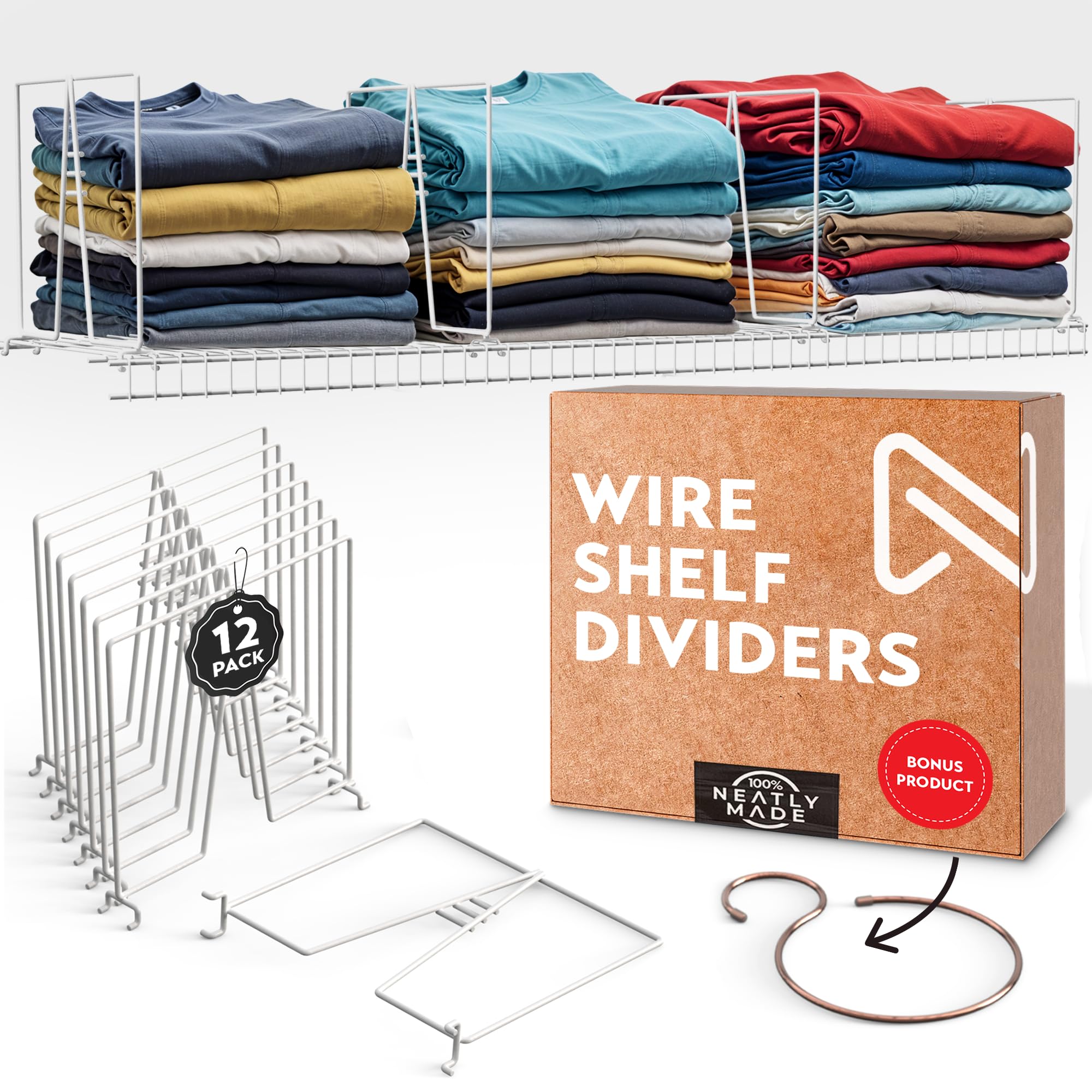 Photo 1 of Neatly Made Tall White Wire Shelf Dividers for Closet Organization – Sturdy and Easy Set-Up Closet Shelf Dividers with Bonus Rose Gold Hanger (12 inch Wire Shelves, 12-Pack)