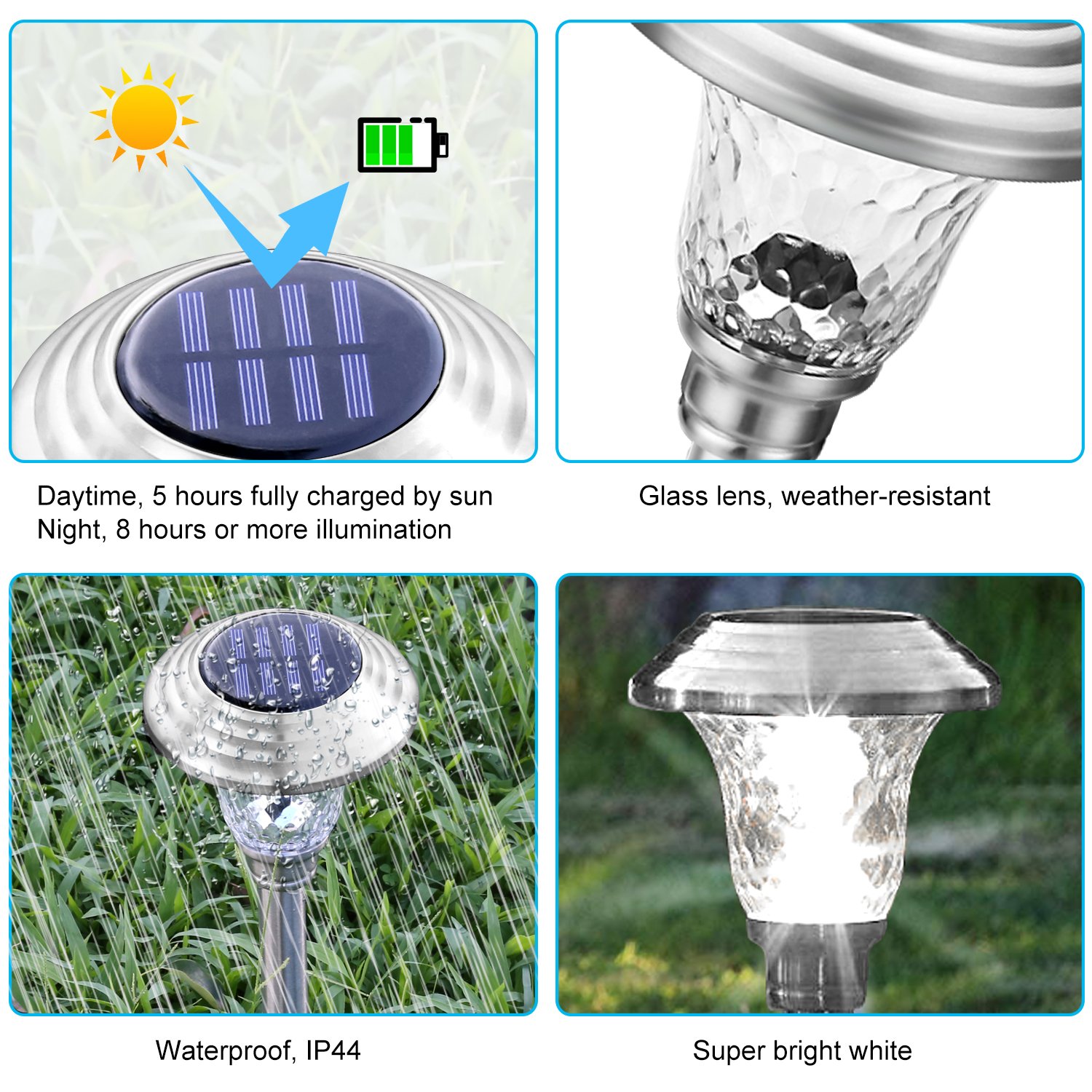 HousePlus Solar pathway lights outdoor + Stainless steel lights + LED lights + Water-proof lights, Solar Garden Llights or Patio Lights or Yard Lights or Driveway Lights