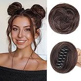 Foaoit Hair Buns Hair Piece for Women Synthetic Fake Space Buns Hair Piece 2 pack Soft Claw Clip Messy Bun Extensions for Daily Wedding Cospaly Party (Chocolate Brown)