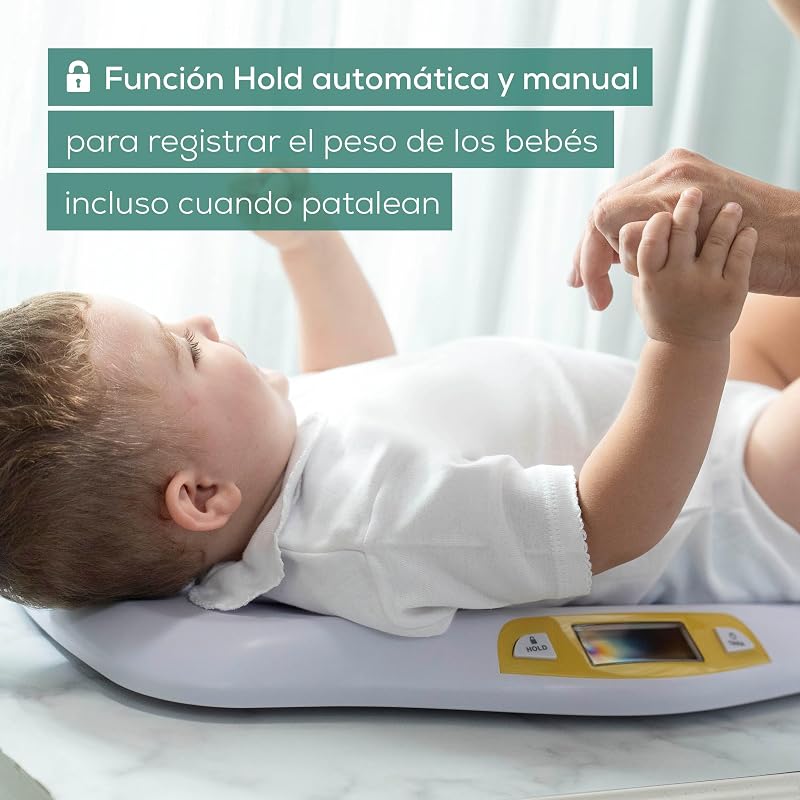 BY 80 Báscula para bebés, con superficie curvada y segura, capacidad de 20 kg, función de tara y retención para bebés que patalean, medición y visualización en pasos de 5 g