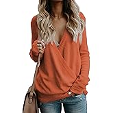 softome Womens Casual Long Sleeve Wrap Fall Sweaters Tops V Neck Solid Color Oversized Pullover Loose Fit Jumper