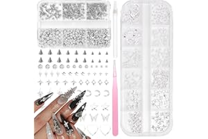 ANOLEAIR 3D Goth Punk Nail Charms, Dark Silver Nail Art Spike Metal Studs, Silver Flatback Pearls Beads Gems Star Cross Rivet Spike Balls Nail Charms Nails Pearls for Nails DIY Crafts Accessories