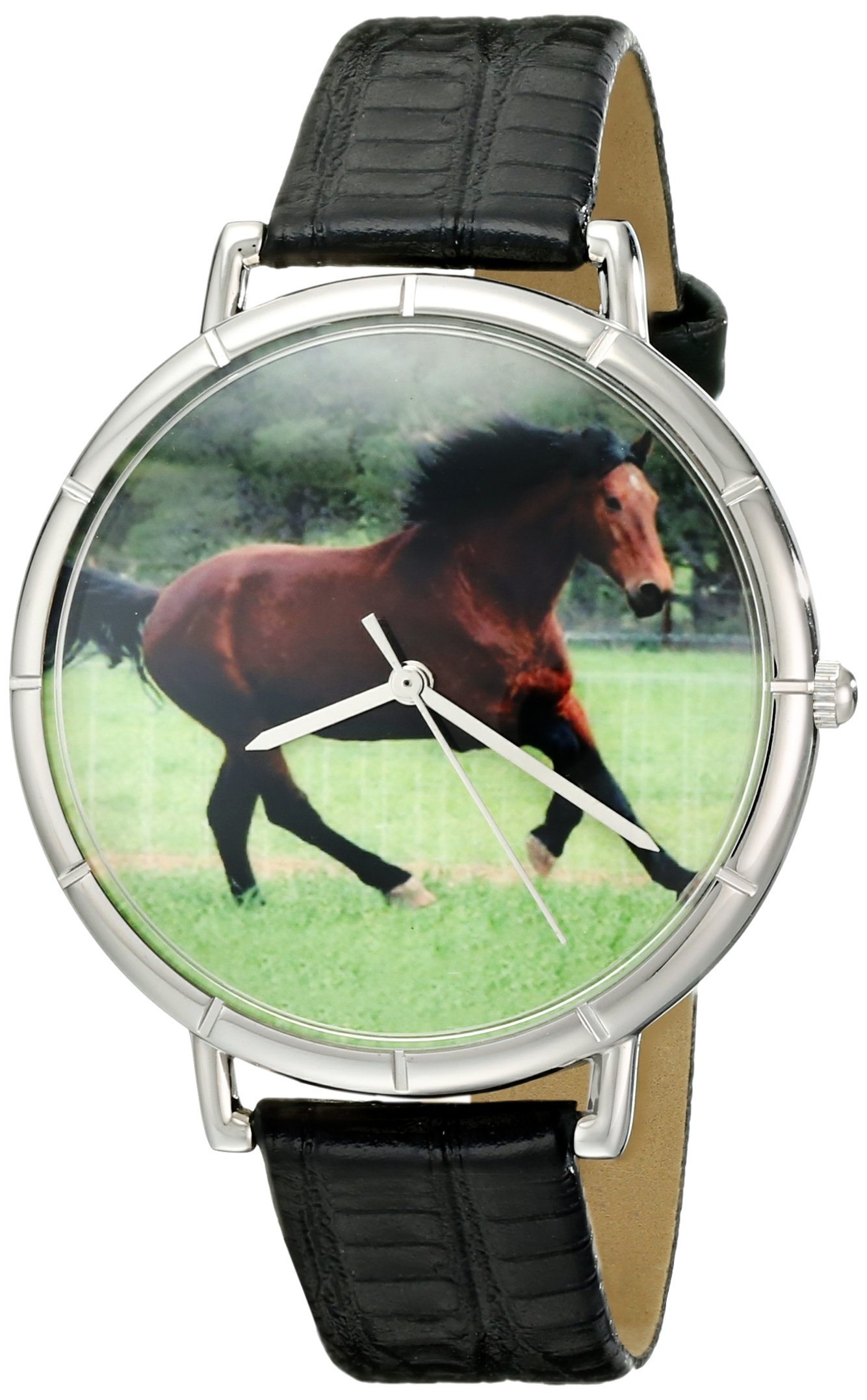 Whimsical Watches Holsteiner Horse Black Leather and Silvertone Photo Unisex Quartz Watch with White Dial Analogue Display and Multicolour Leather Strap T-0110028